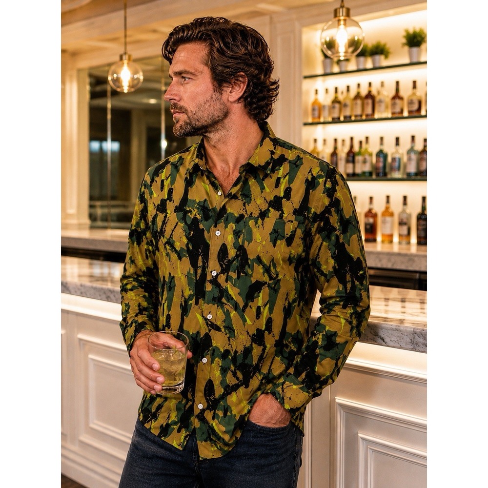 French Crown Men's Size 46 Long Sleeve Abstract Camo Button Down Shirt Green Tan
